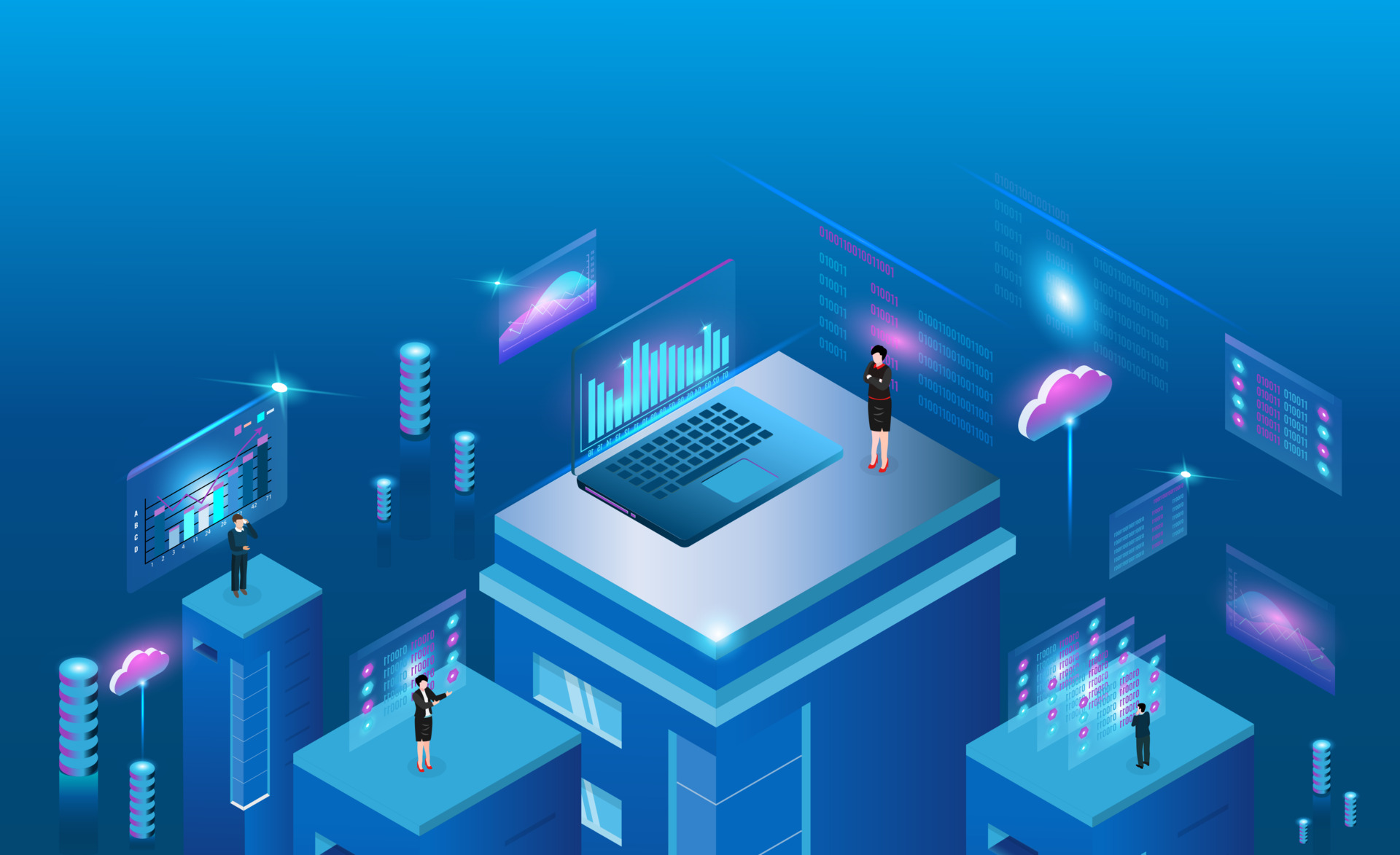 Isometric illustration of cross-border digital business operations — dashboards, cloud, and analytics